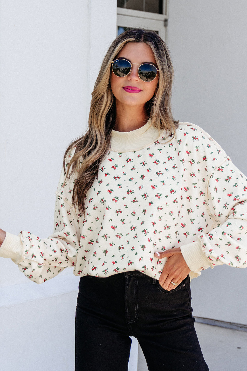Beige Ribbed High Neck Patchwork Floral Print Baggy Pullover Sweatshirt