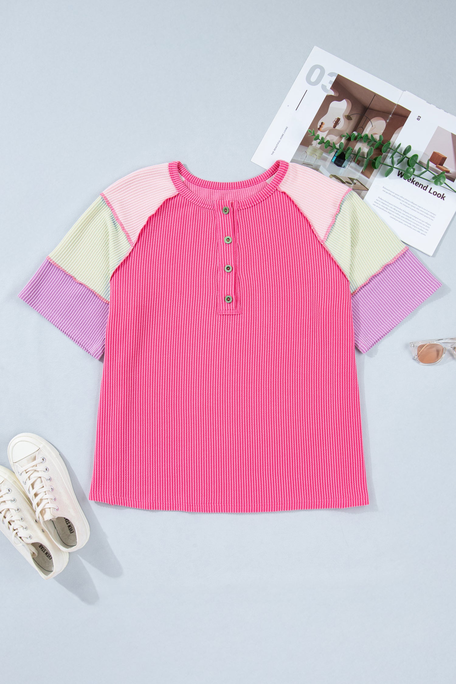 Bright Pink Plus Size Twisted Rib Color Block Patchwork Short Sleeve Henley Top