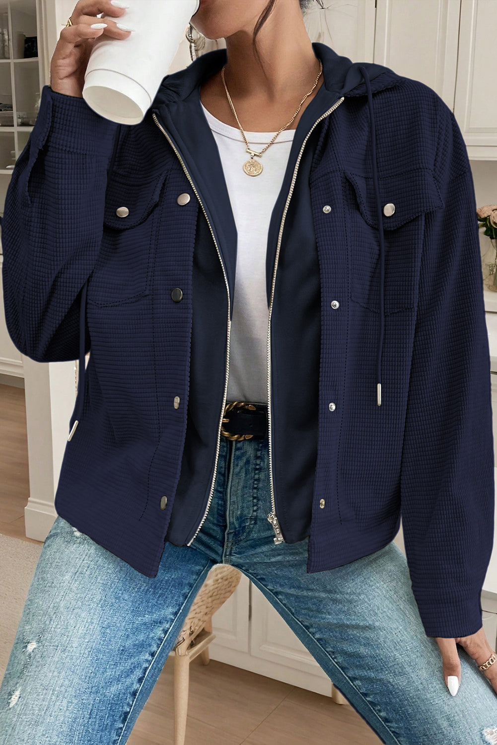 Laurel Green 2 in 1 Thermal Knit Textured Hooded Jacket