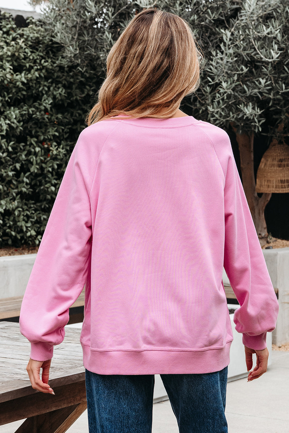 Bright Pink Lace Patched Raglan Sleeve Loose Fit Sweatshirt