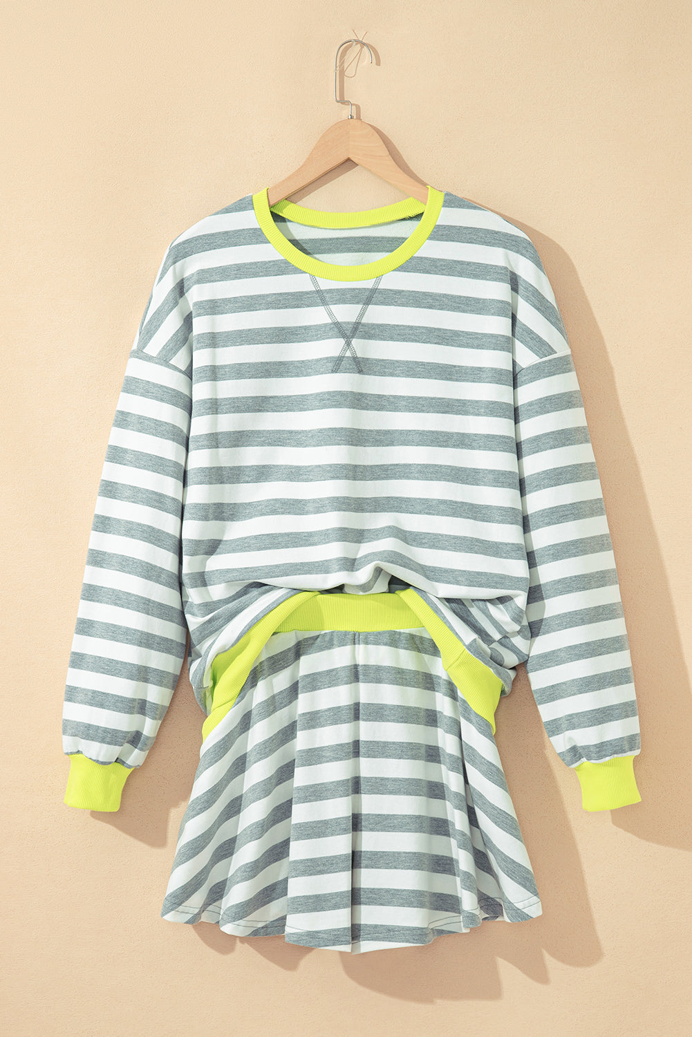 Black Stripe Contrast Ribbed Banding Long Sleeve Blouse Loose Shorts Set