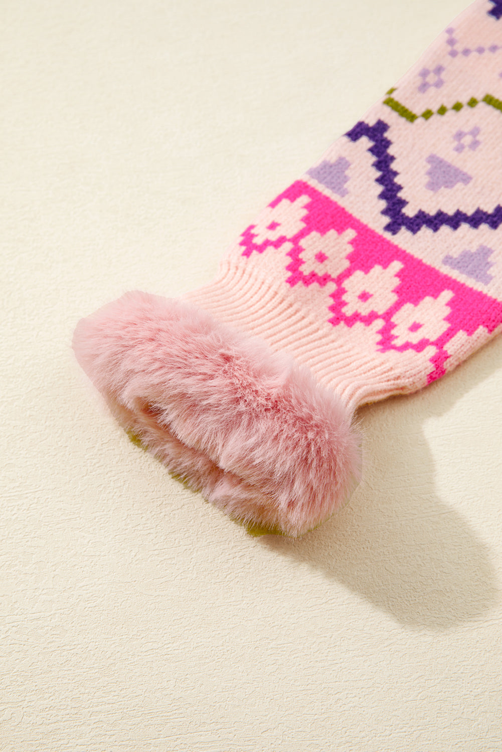 Multicolour Ethnic Christmas Pattern Knit Feather Cuffed Sweater