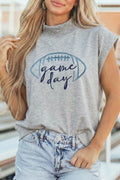 Light Grey Embroidered Game Day Football High Neck Short Sleeve Top