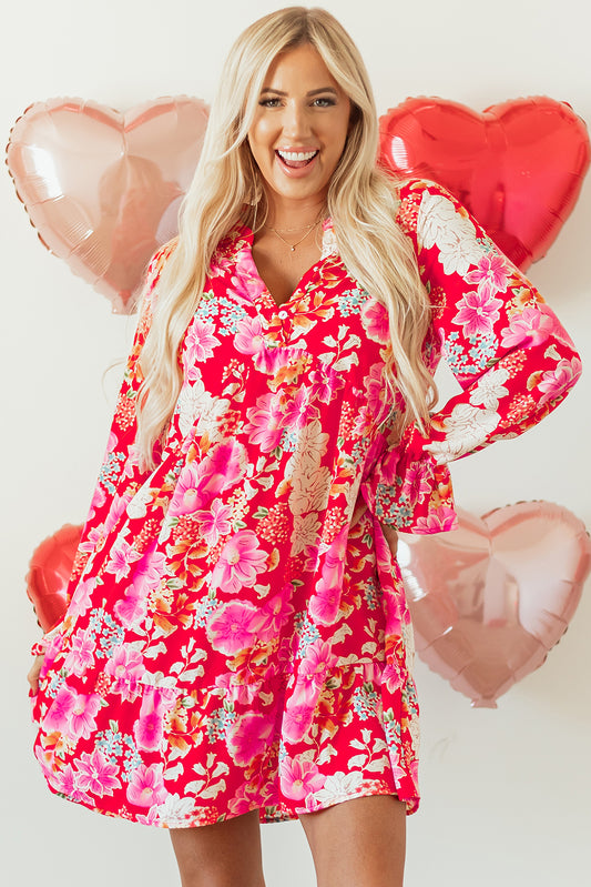 Red Floral Print High Waist V Neck Babydoll Mini Dress