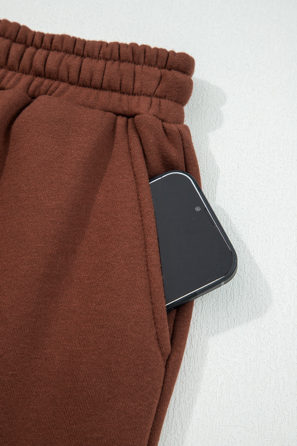 Coffee Fleece Lined Leopard Drawstring Elastic Waist Solid Pants