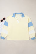 Yellow Cream Raw Seam Color Block Patchwork Plus Size V Neck Pullover
