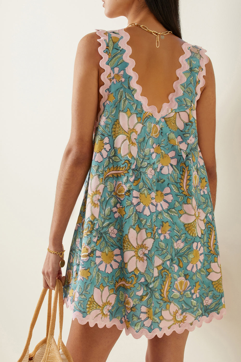 Sky Blue Floral Ricrac Trim V Neck Shift Mini Tank Dress