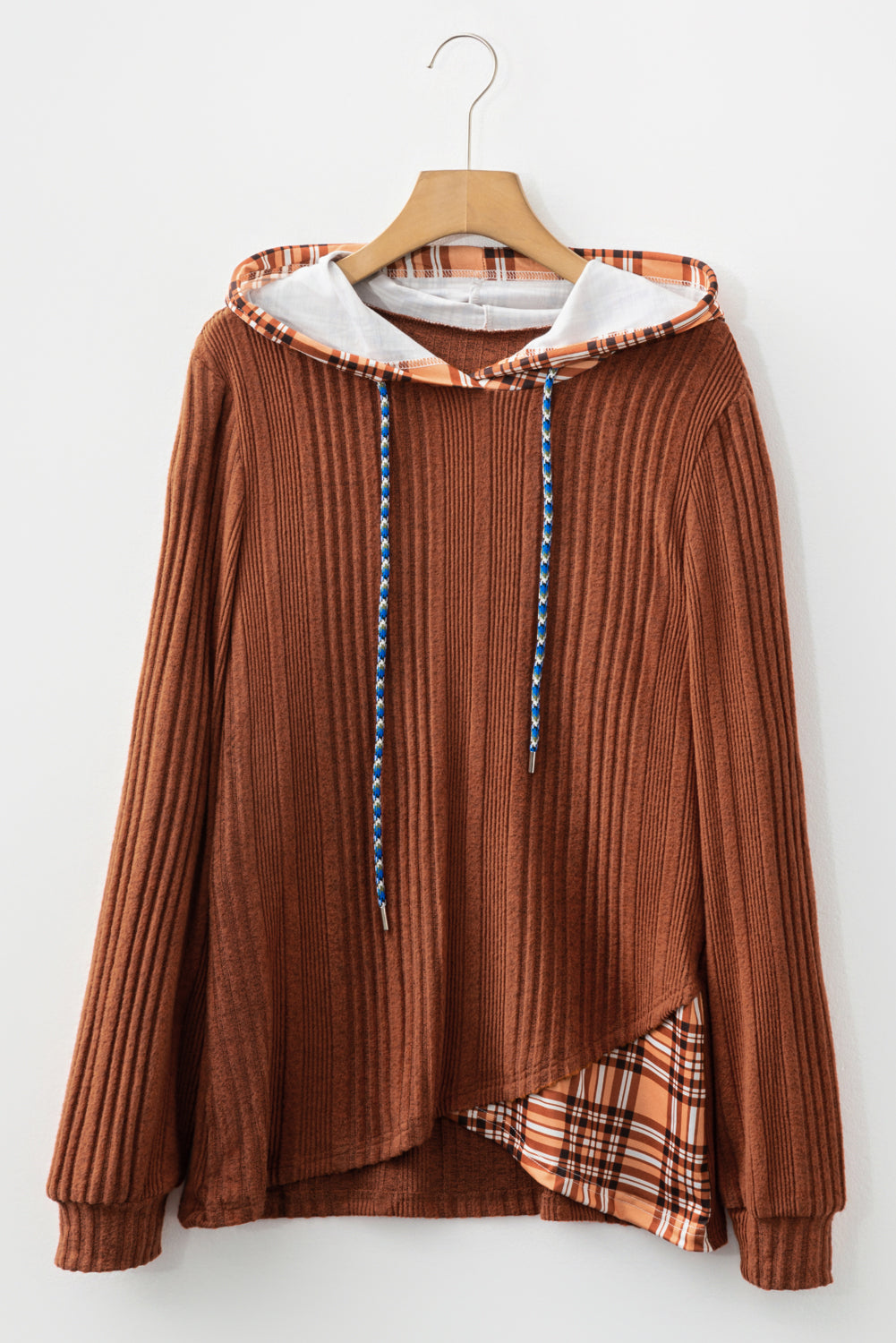 Chestnut Plaid Patchwork Ribbed Knit Drawstring Hooded Top