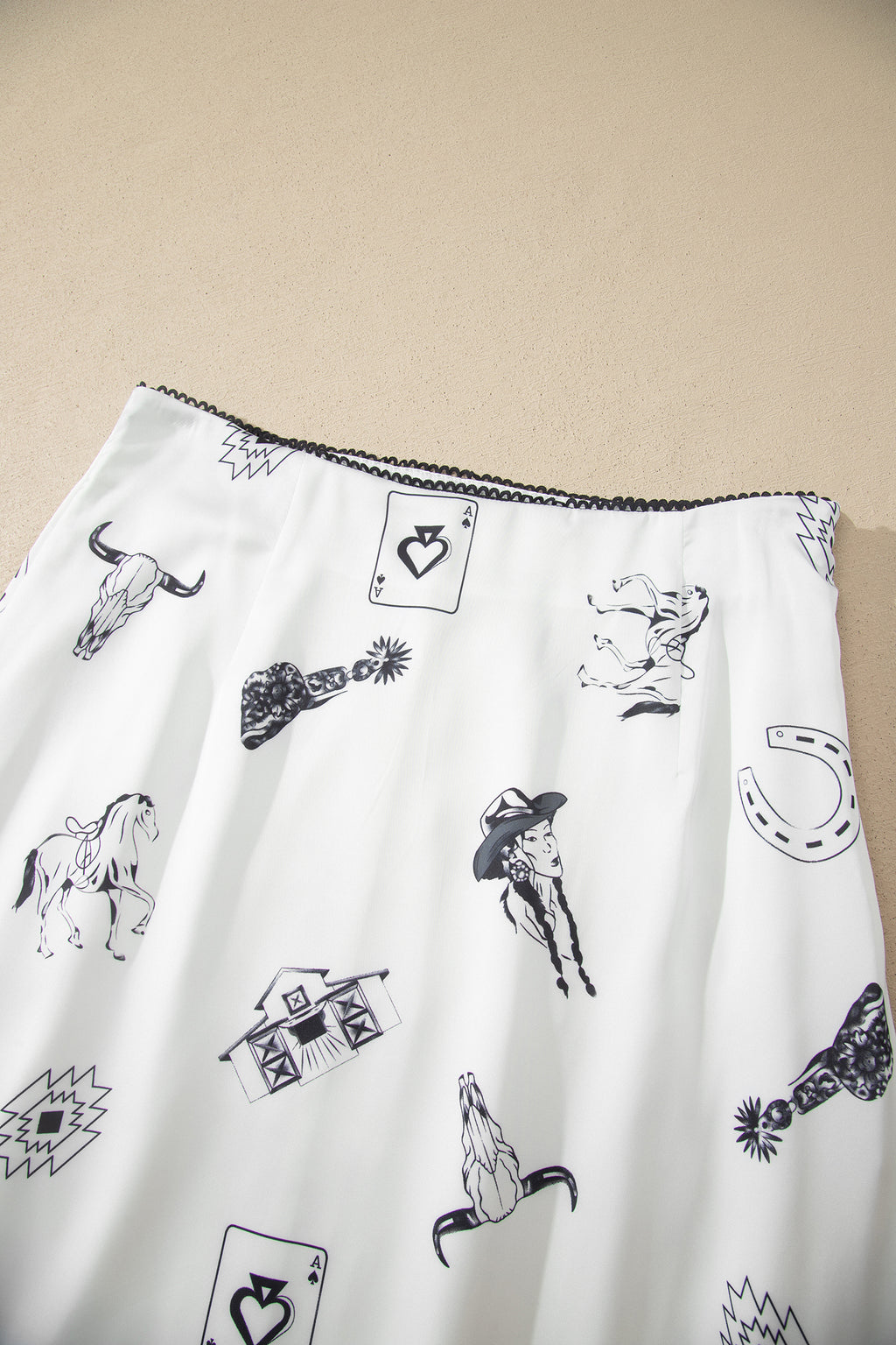 Navy Blue Western Print Satin Long Skirt