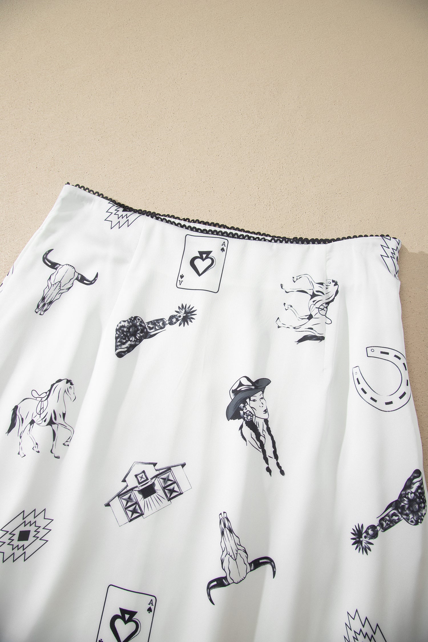 Navy Blue Western Print Satin Long Skirt