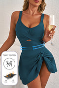 Navy Blue Adjustable Straps Cutout Ruched Knot Slit One Piece Swim Dress