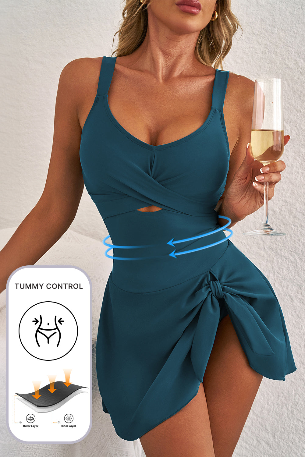 Navy Blue Adjustable Straps Cutout Ruched Knot Slit One Piece Swim Dress