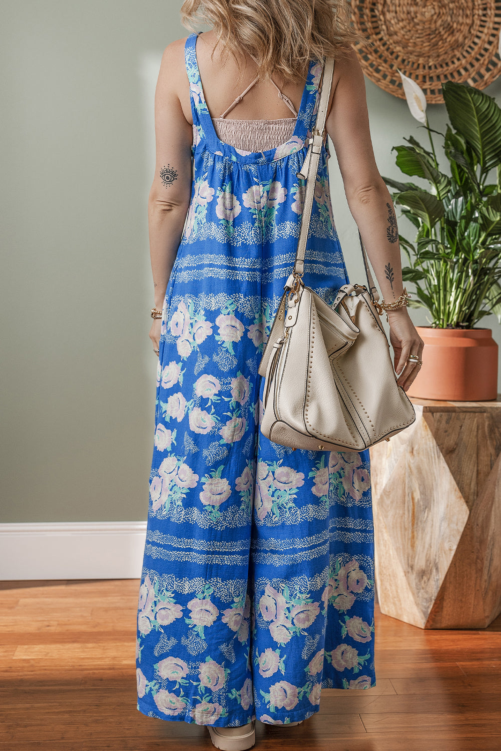 Blue Floral Print Wide Leg Sleeveless Jumpsuit