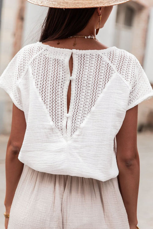 White Lace Crochet Textured Button Back V Neck T Shirt