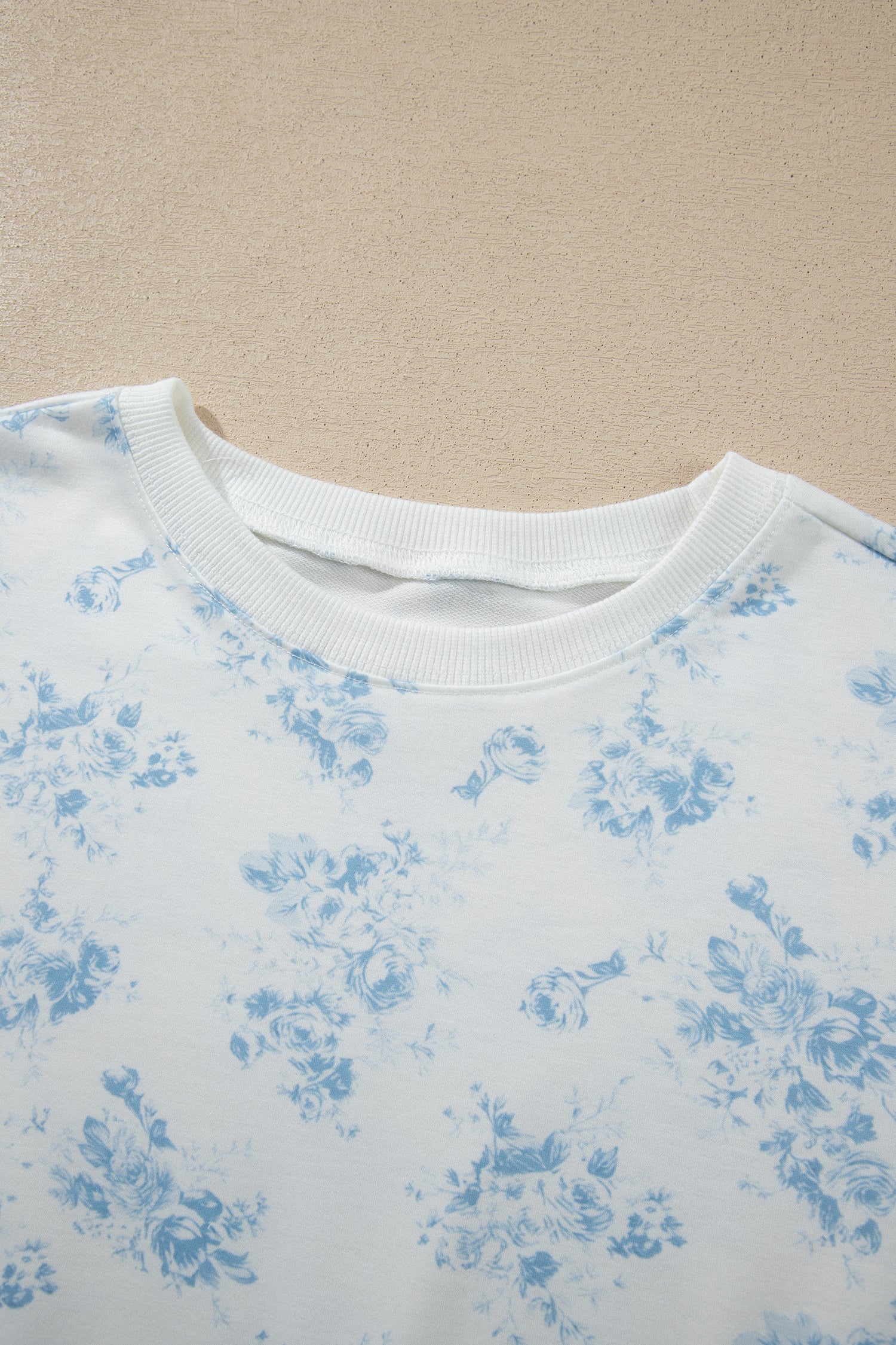 Sky Blue Floral Print Striped Detail Long Sleeve Top Ruffle Hem Shorts 2pcs Set