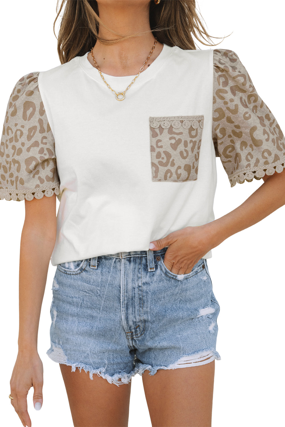 White Leopard Patchwork Crochet Lace Trim Puff Sleeve T Shirt