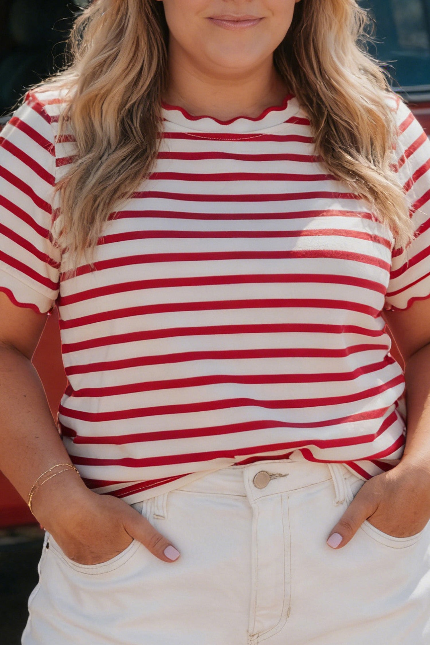 Red Stripe Plus Size Scalloped Trim Round Neck Short Sleeve Top