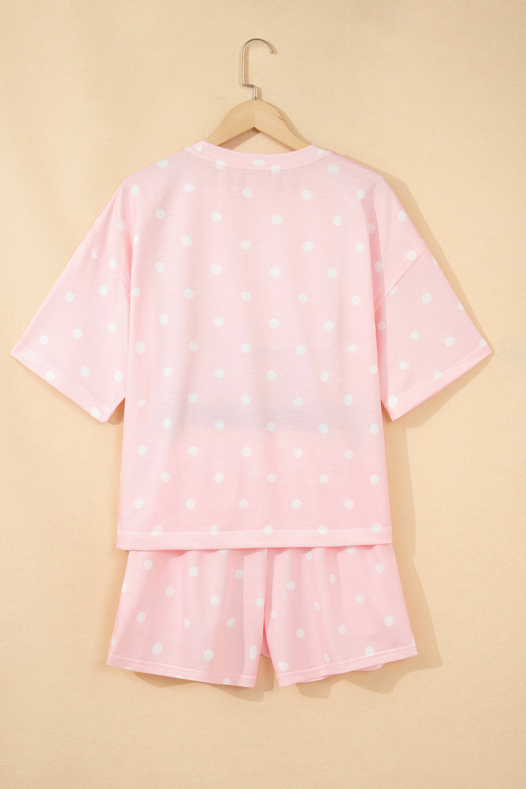 Pink Exposed Seam Detail Polka Dot Loose Tee Drawstring Shorts Set