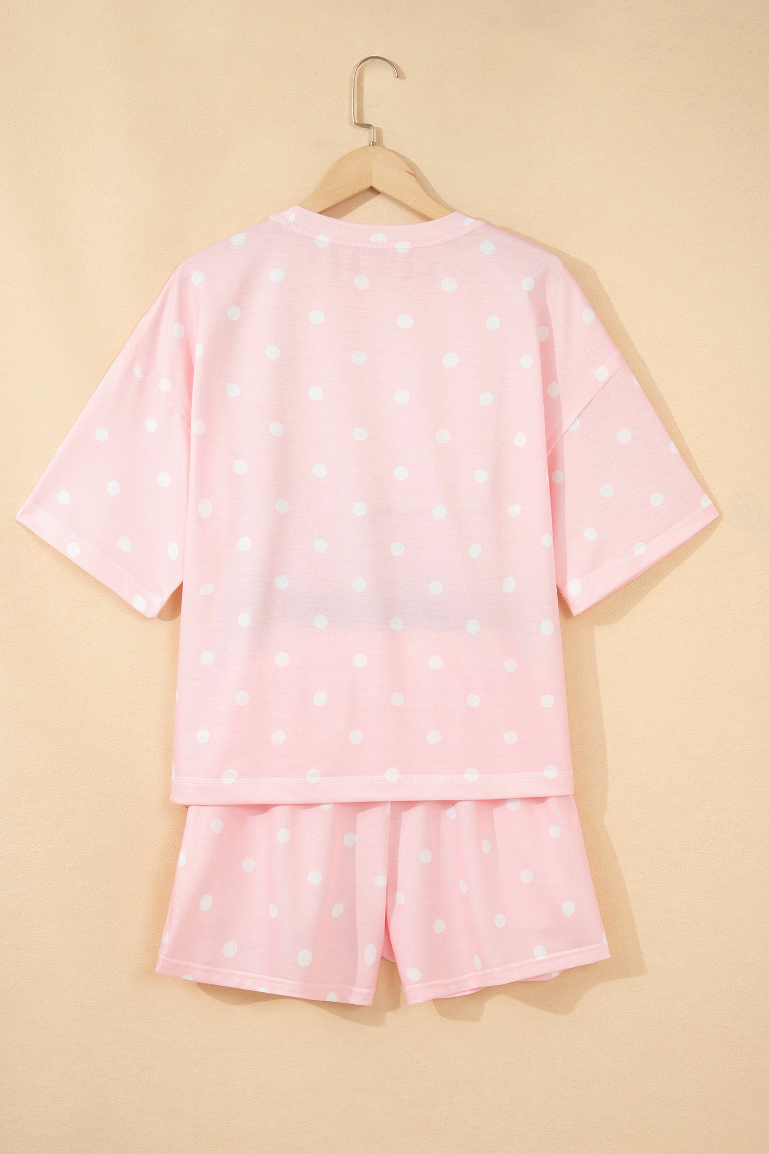 Pink Exposed Seam Detail Polka Dot Loose Tee Drawstring Shorts Set