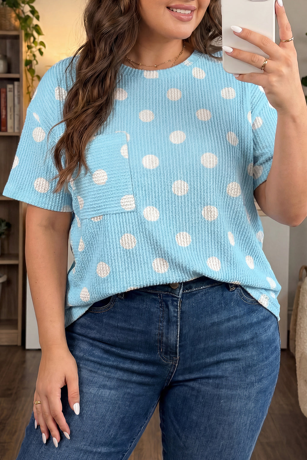Pink Twisted Rib Polka Dot Print Plus Size T Shirt