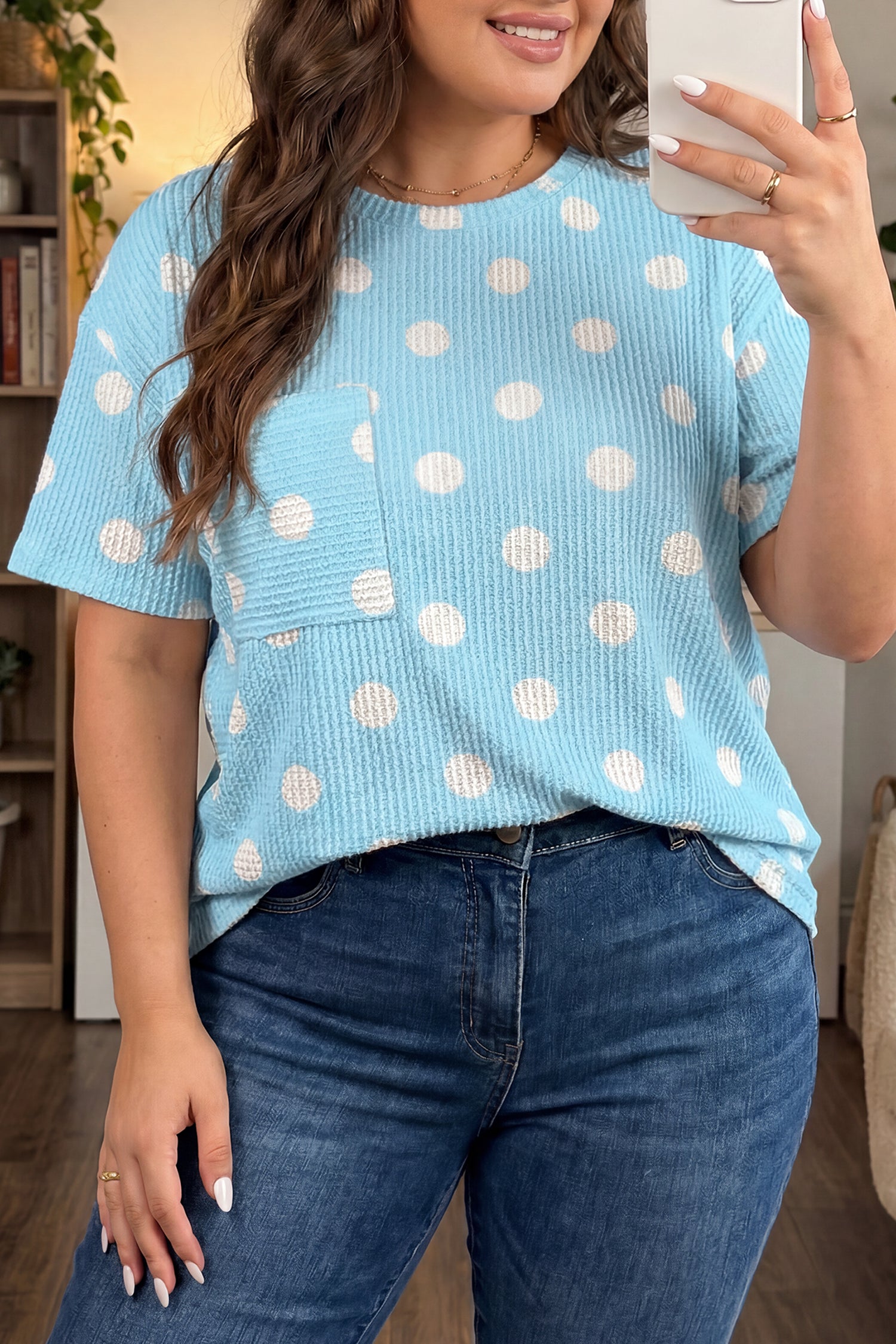 Pink Twisted Rib Polka Dot Print Plus Size T Shirt