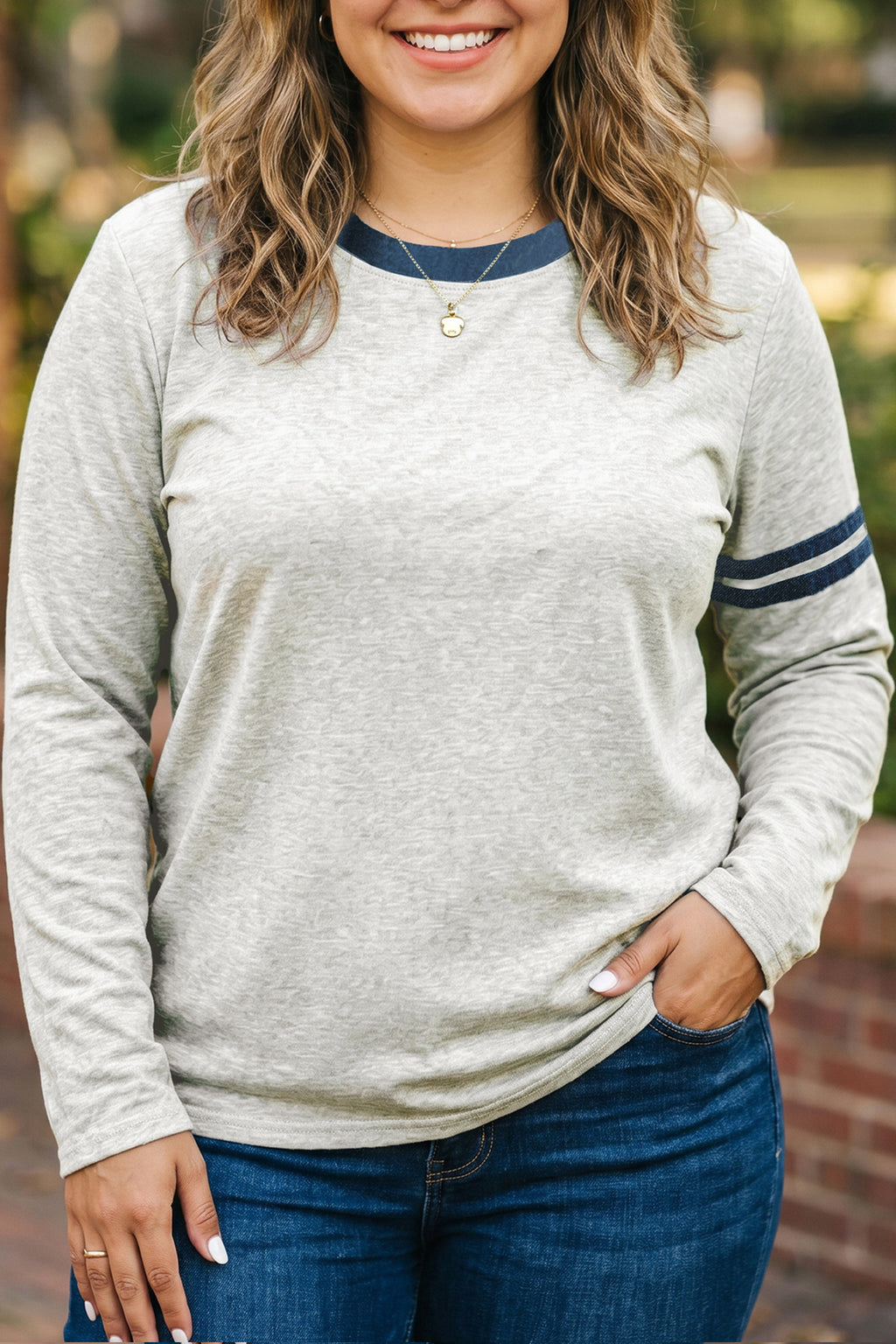 Gray Plus Size Colorblock Detail Round Neck Long Sleeve Top