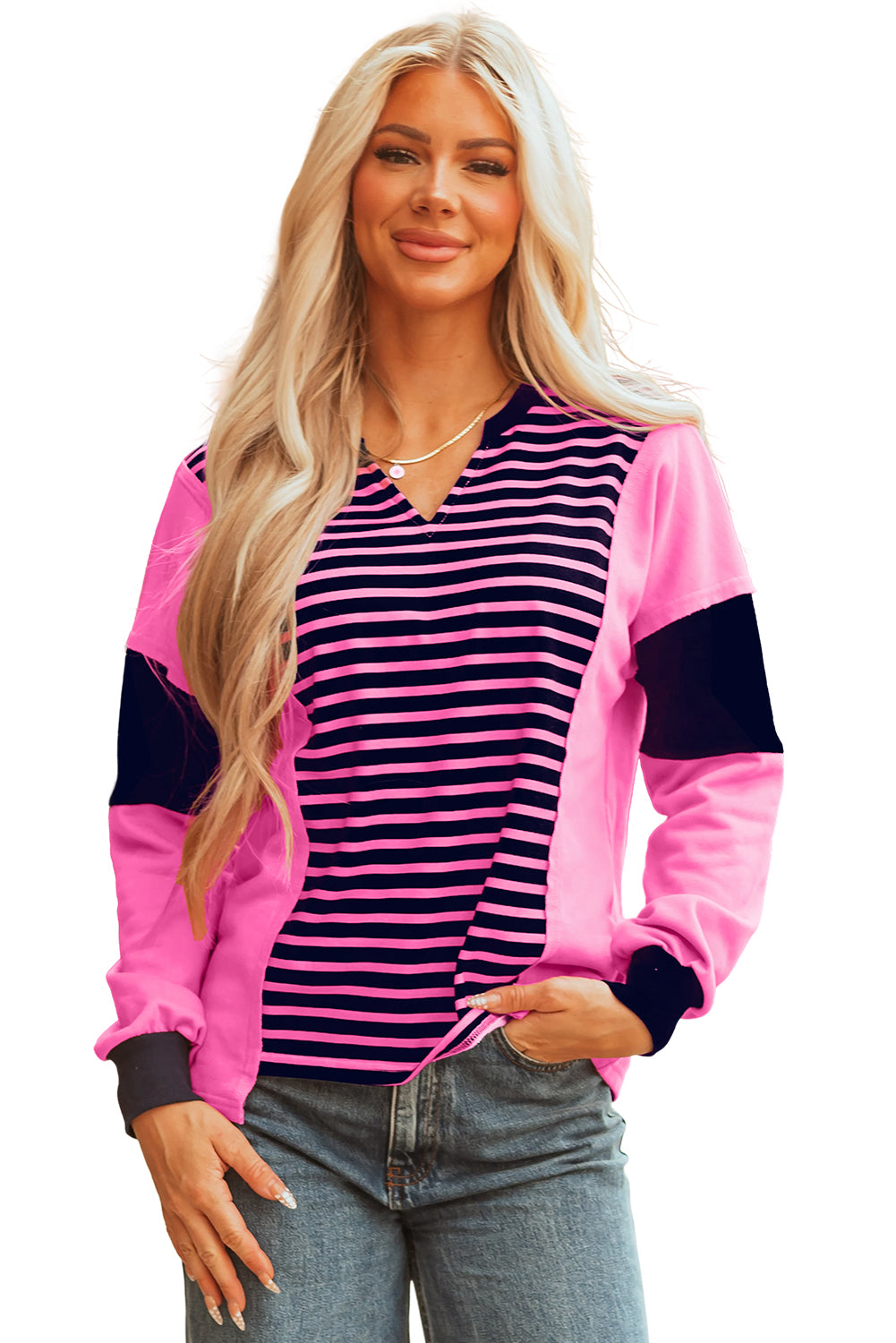 Pink Stripe Color Block V Neck Loose Fit Long Sleeve Top