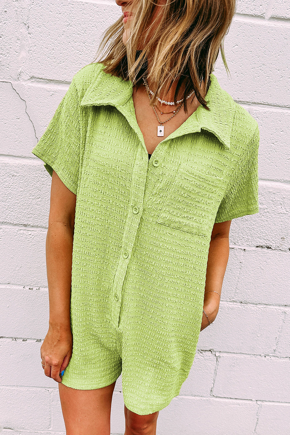 Meadow Mist Green Textured Short Sleeve Patched Pocket Buttoned Shirt Romper