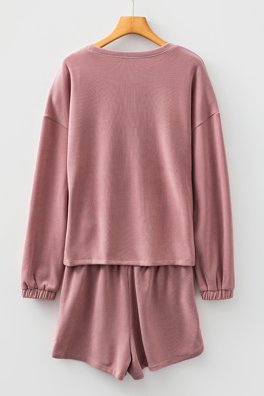 Dark Brown Solid Color Textured Knit Drop Shoulder Pullover Drawstring Shorts Set