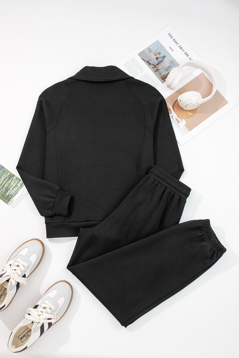 Goat Zip Collar Long Sleeve Top Drawstring Pants Set