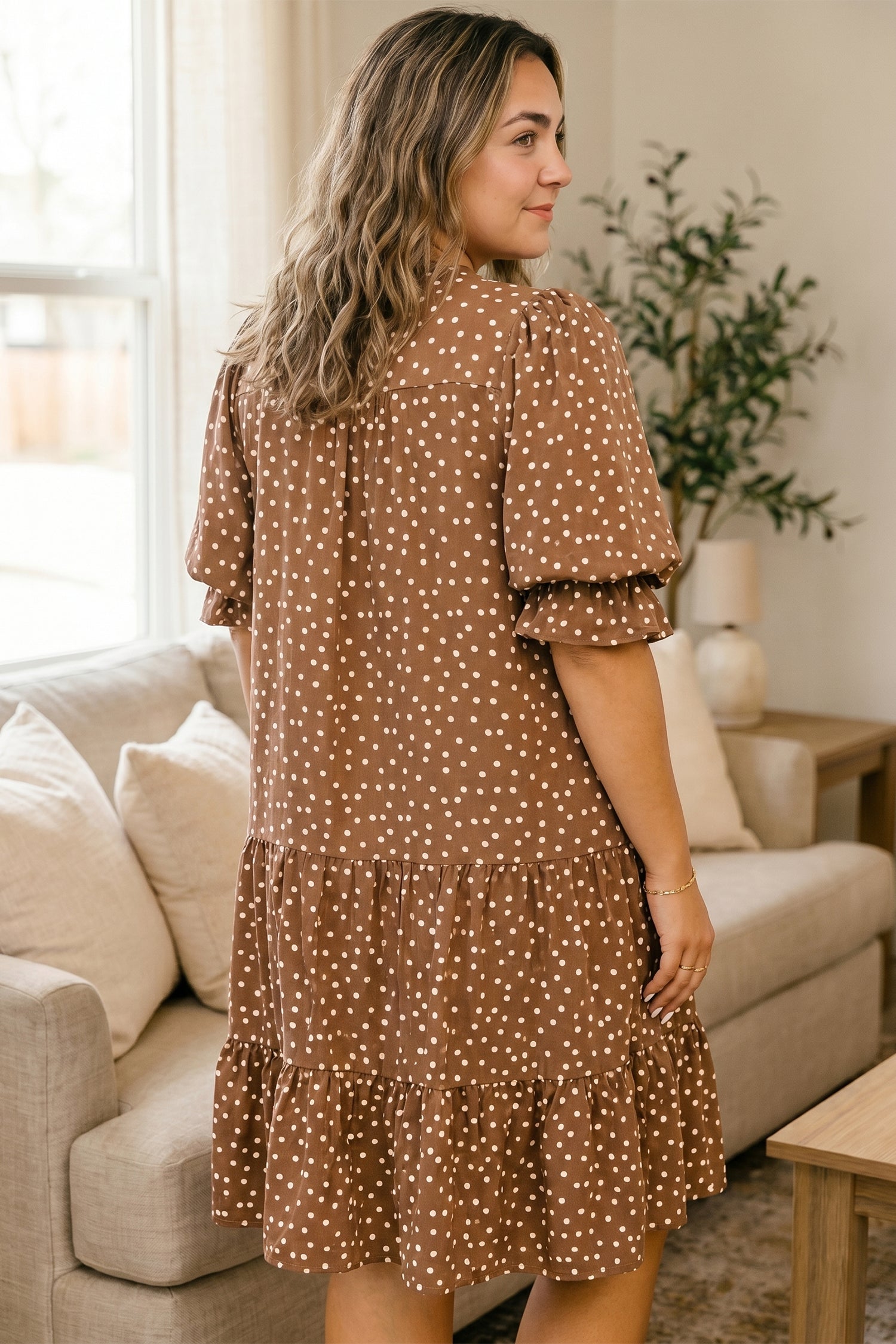 Brown V Neck Polka Dot Long Sleeve Shift Plus Size Dress