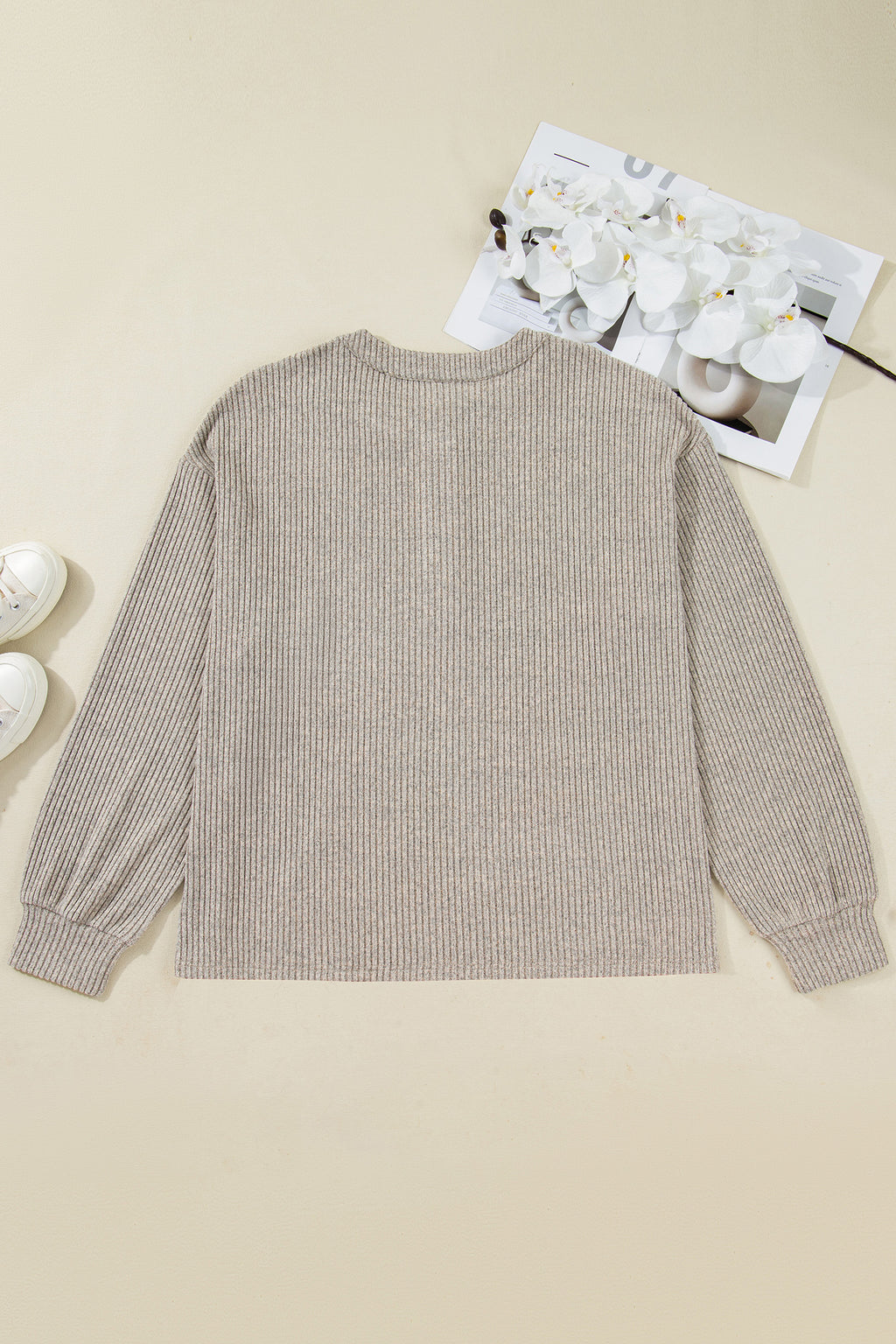 Simply Taupe Plus Size Ribbed Knit Kangaroo Pocket Henley Long Sleeve Top