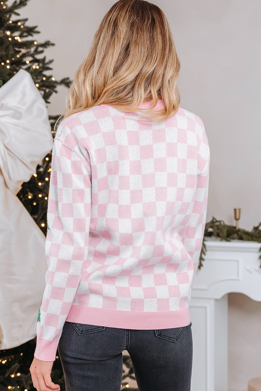 Pink Checkered Christmas Tree Pattern Button V Neck Cardigan Sweater