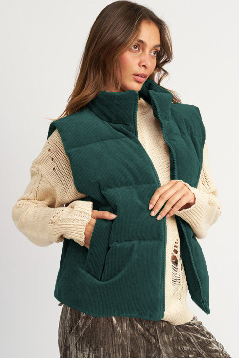 Coffee Corduroy Stand Neck Zipped Puffer Vest