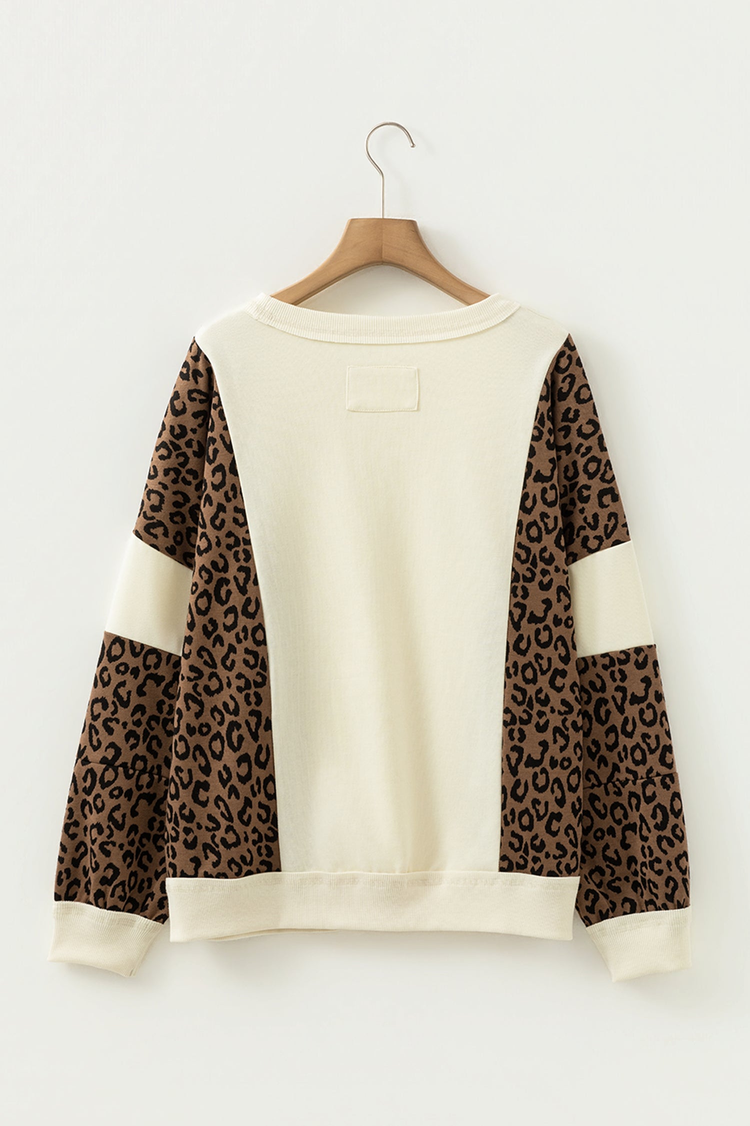 Beige Raw Seam Color Block Leopard Patchwork Baggy Long Sleeve Top