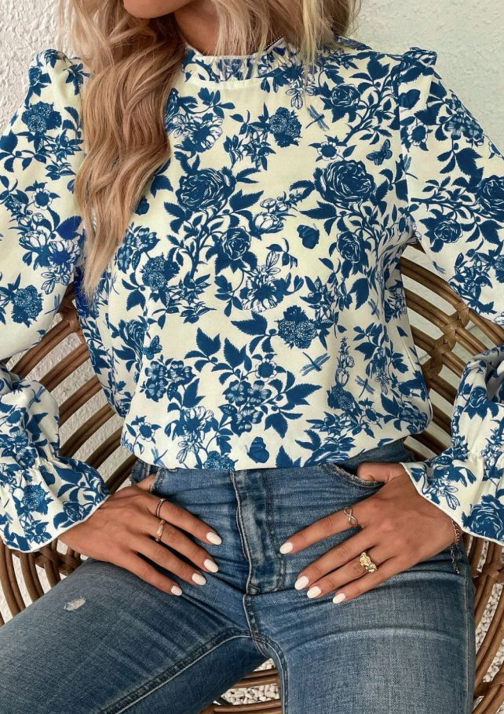 Blue rose high neck, puff sleeves top