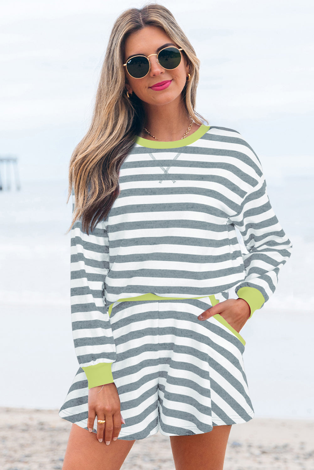 Black Stripe Contrast Ribbed Banding Long Sleeve Blouse Loose Shorts Set