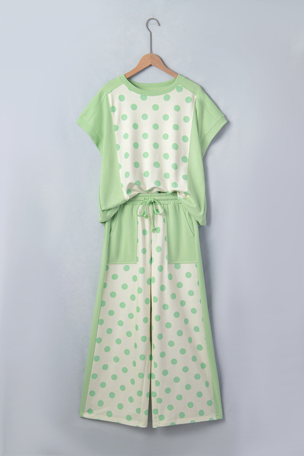 Green Color Block Patchwork Polka Dot Wide Leg Pant Set