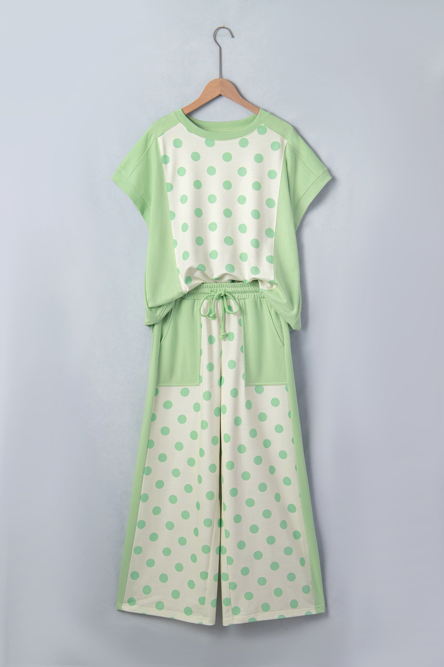 Green Color Block Patchwork Polka Dot Wide Leg Pant Set