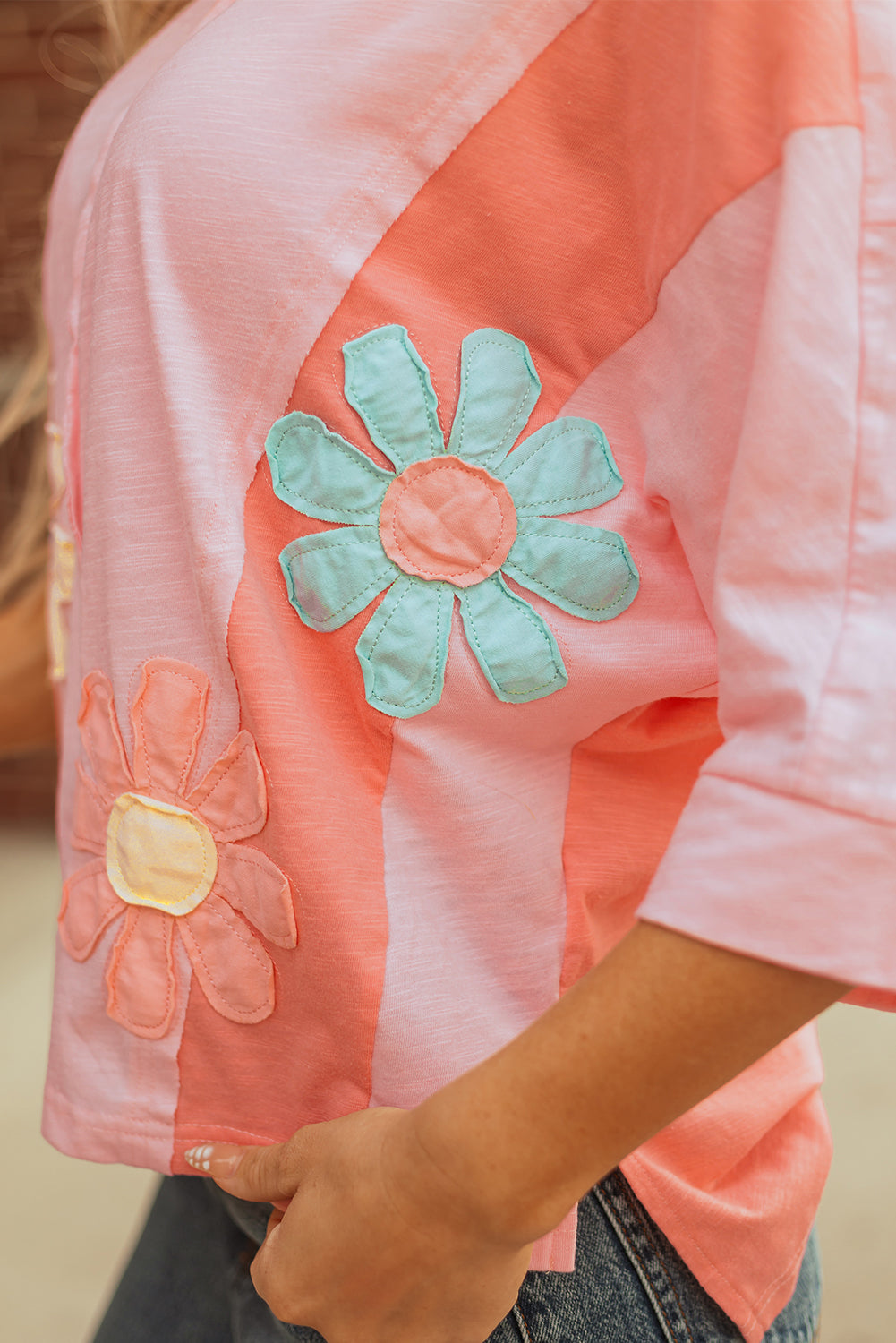 Green Flower Patched Exposed Seam Bracelet Sleeve Oversized T Shirt