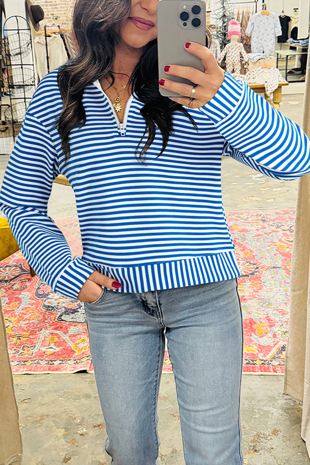 Green Stripe Quarter Zip Collar Pullover Long Sleeve Top