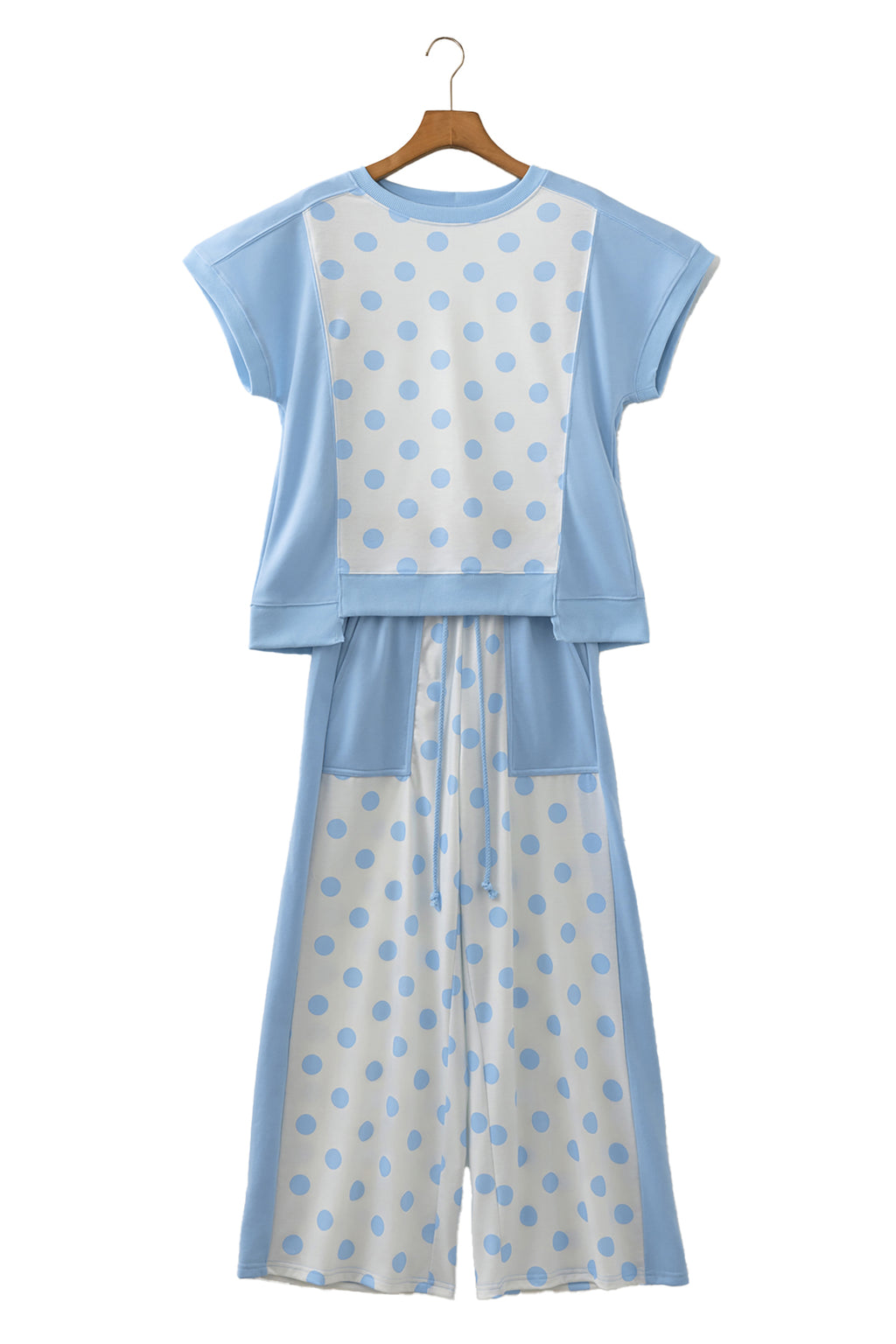 Green Color Block Patchwork Polka Dot Wide Leg Pant Set