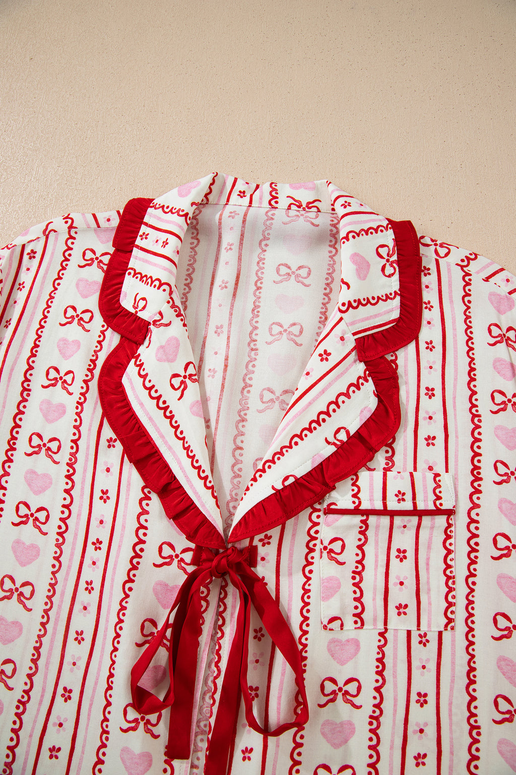 Red Sweet Floral Heart Bow Print Contrast Trim Long Sleeve Shirt Pajama Short Set