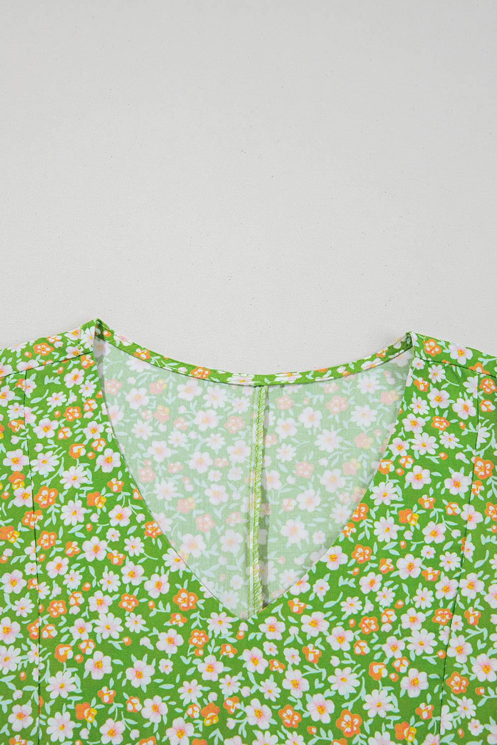 Green Floral Print Ruffle Sleeve V Neck Blouse Top