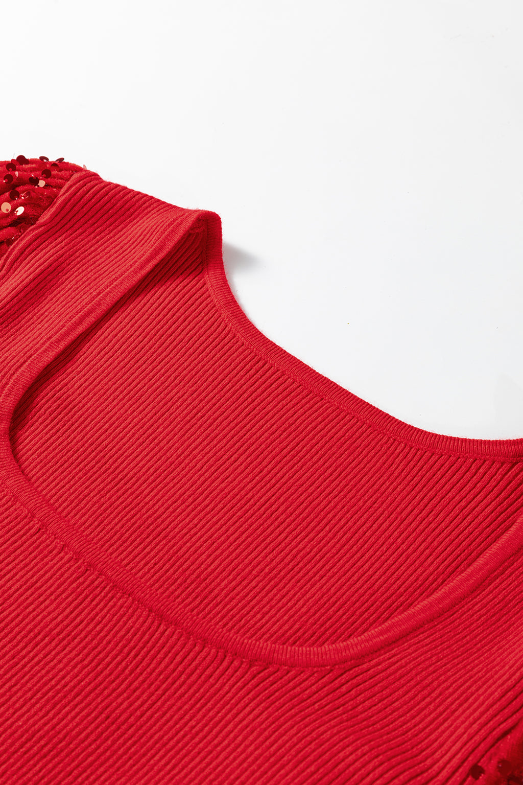 Fiery Red Sequin Sleeve Patchwork Ribbing Knit Square Neck Holiday Sweater