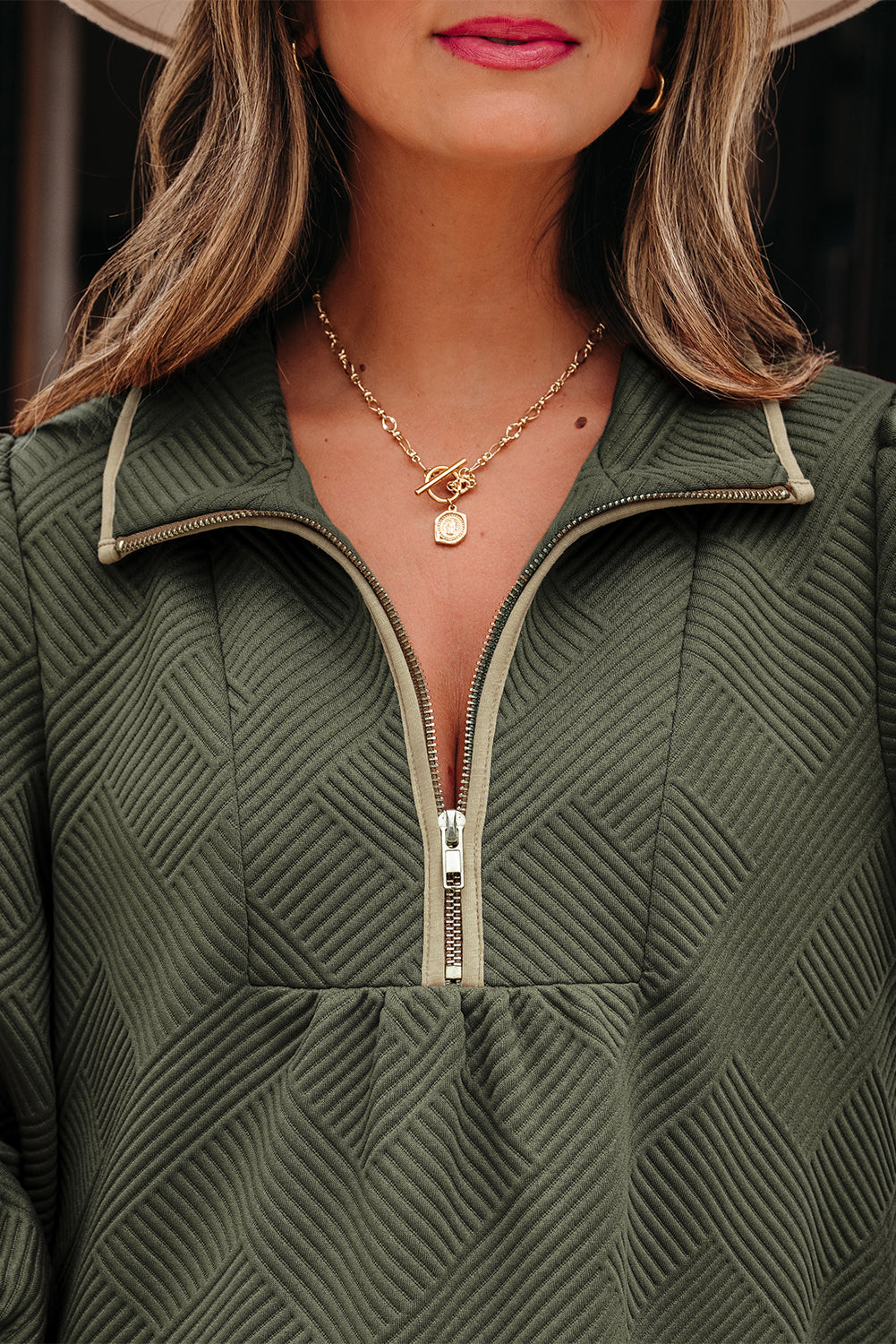 Desert Gold Quarter Zip Collar Bracelet Sleeve Textured Mini Dress