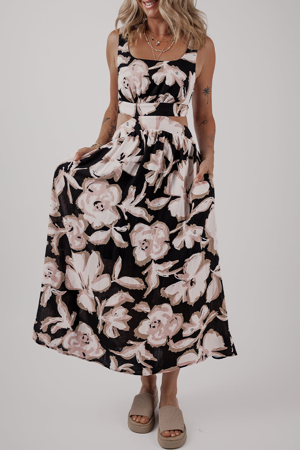 Black Floral Cutout Square Neck Knot Back Sleeveless Maxi Dress