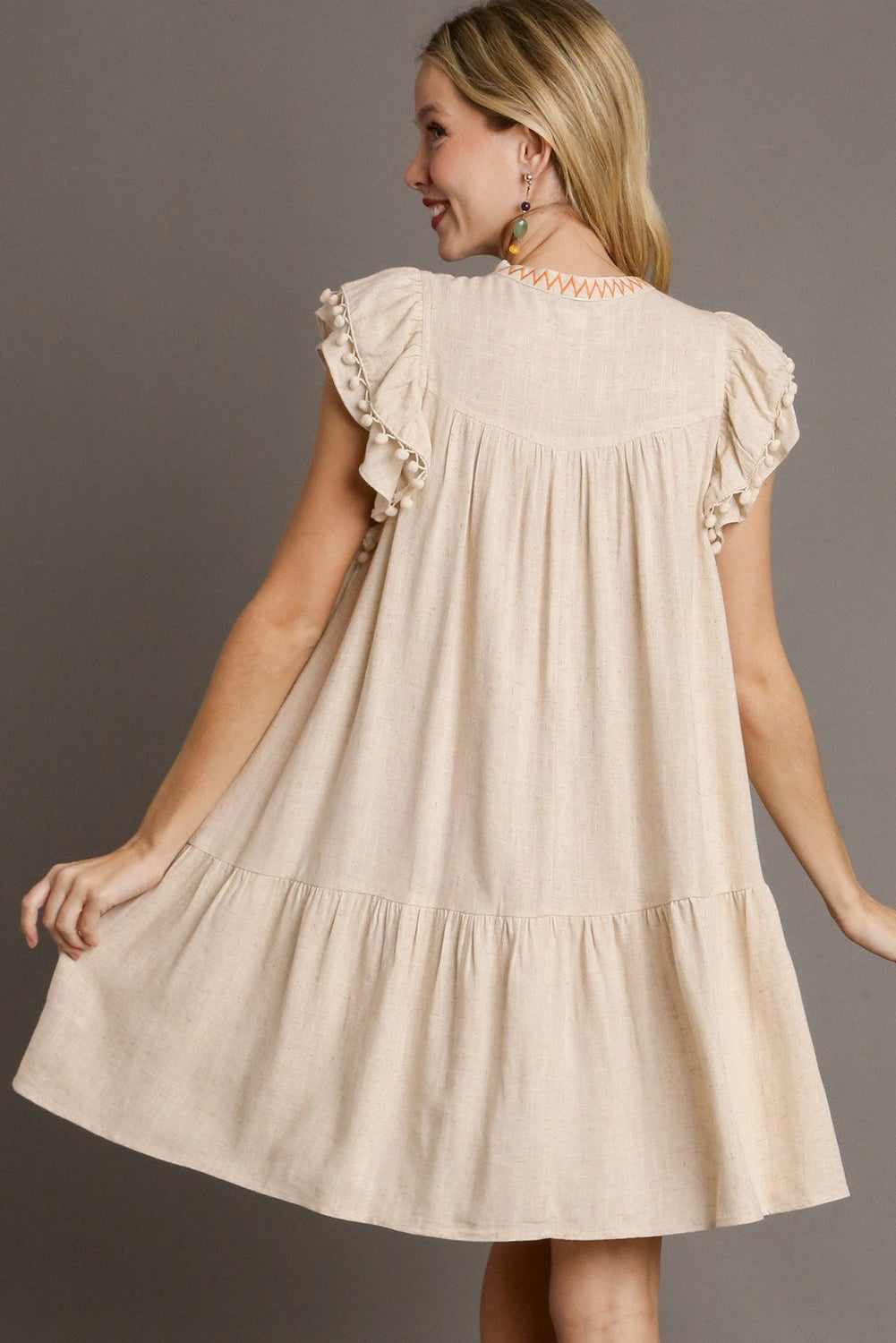 Jet Stream Linen Embroidery Split Neck Pom Pom Ruffle Sleeves Flowy Short Dress