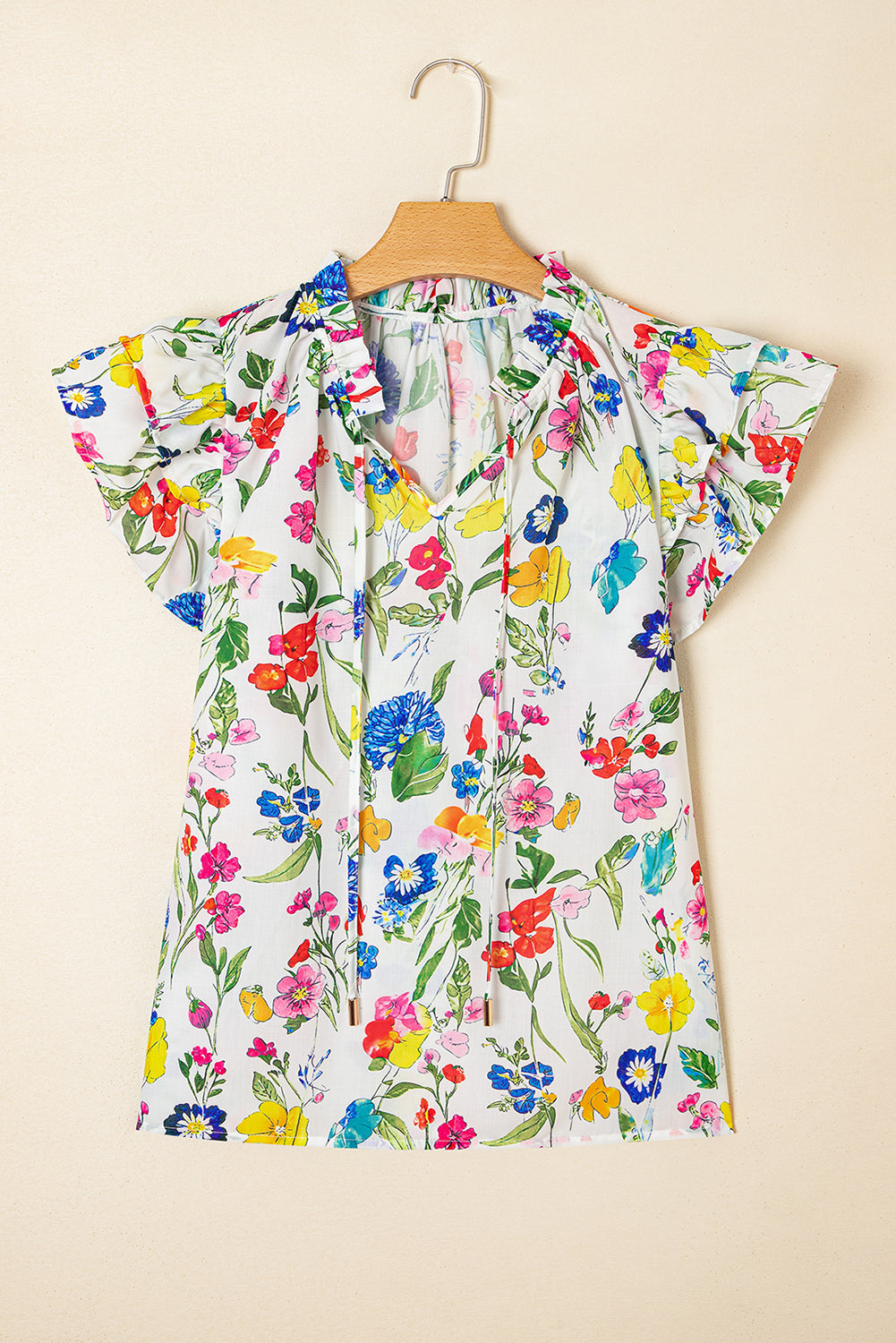 White Floral Print Ruffle Tiered Sleeve Split V Neck Blouse