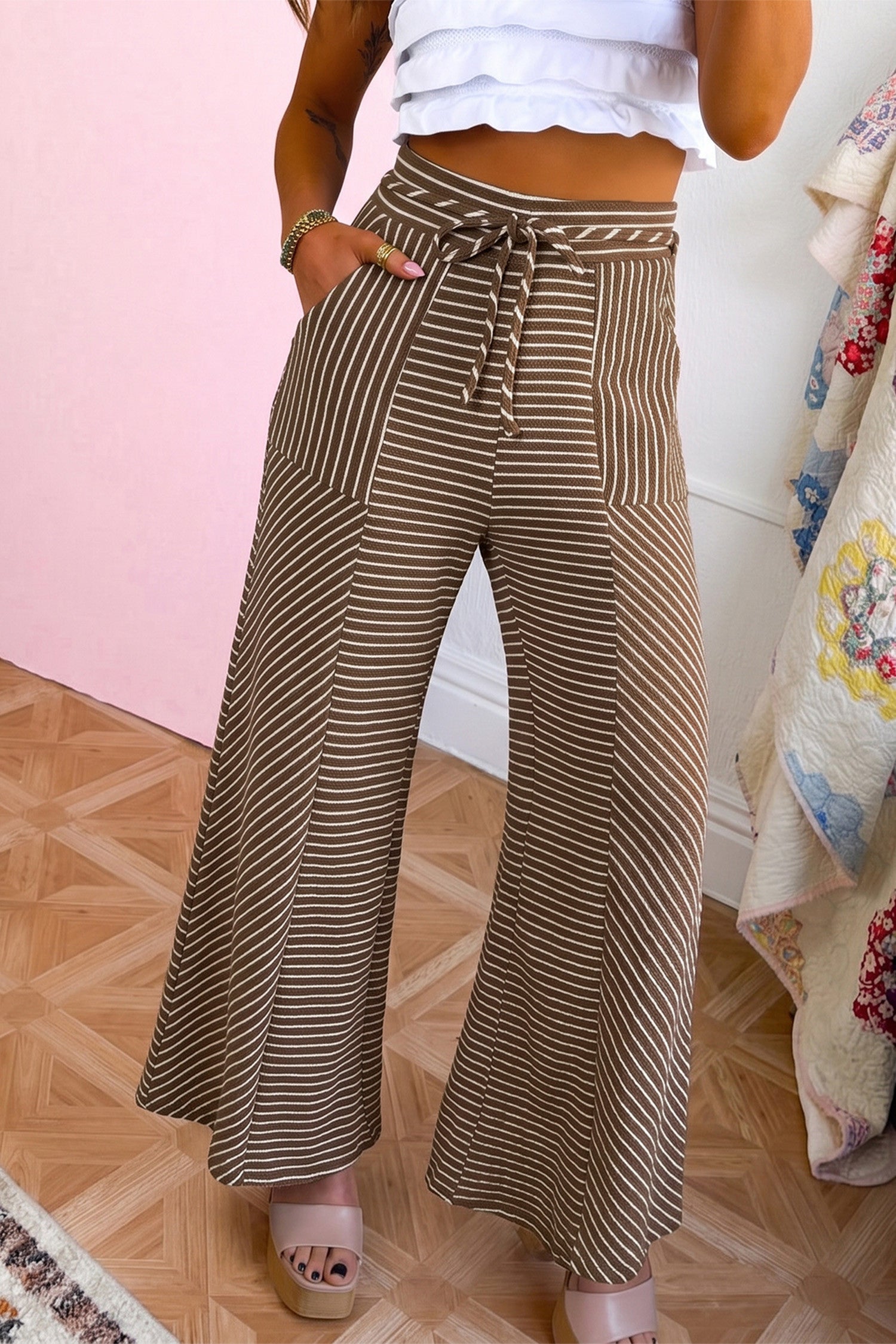 Khaki Stripe Patchwork Design Wide Leg Casual Pants
